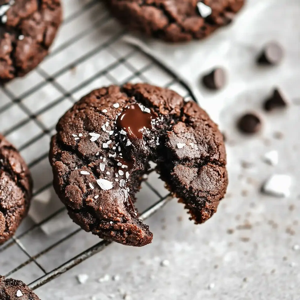Dark chocolate cookies on a cooling rack, topped with sea salt and chips.