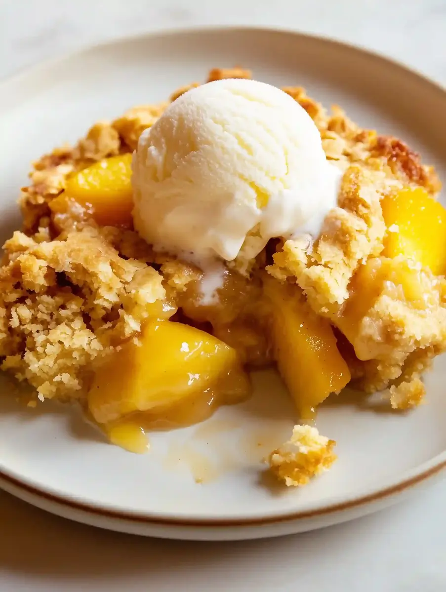 White ceramic dish with peach cobbler, topped with vanilla ice cream.