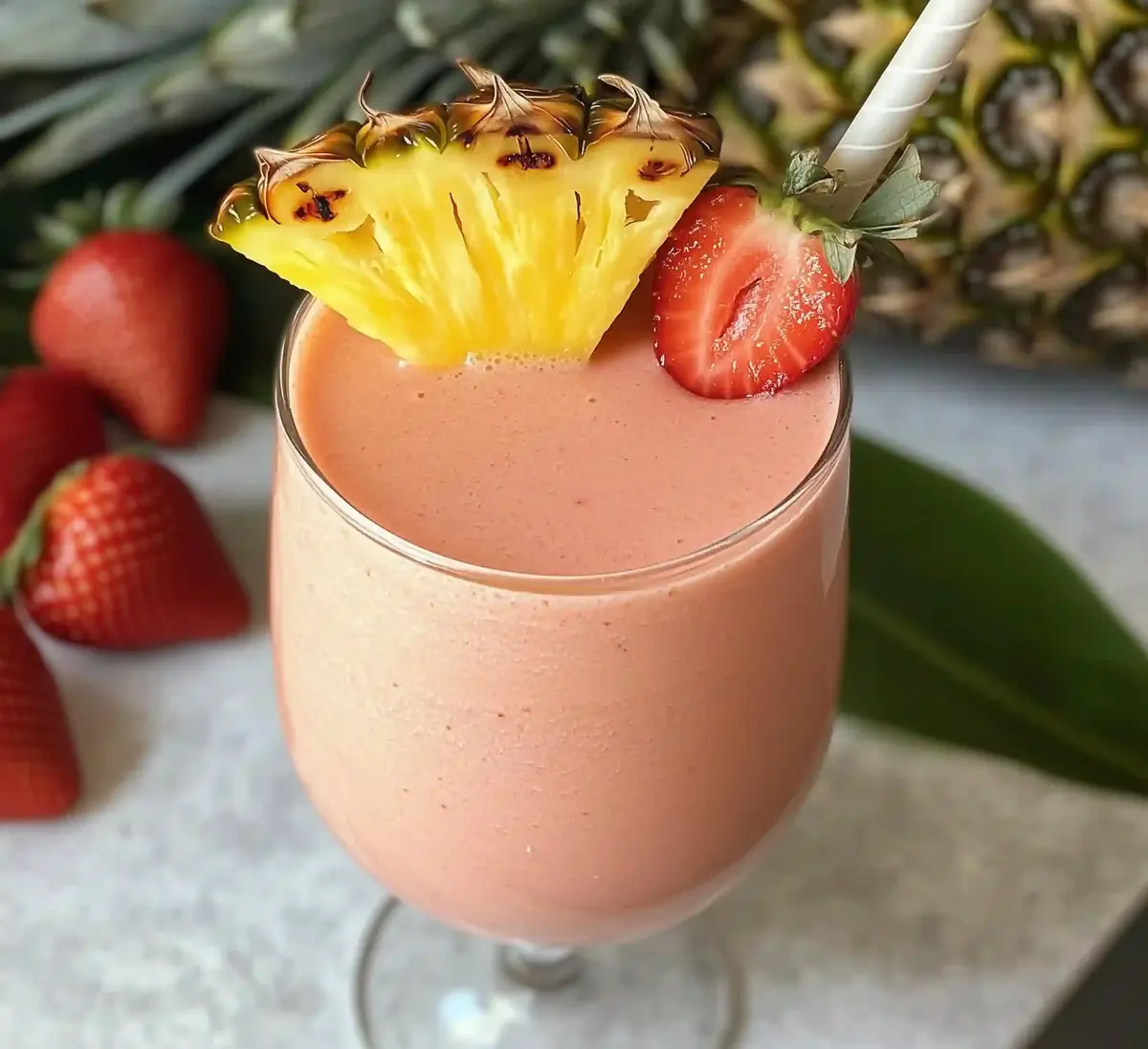Pink tropical smoothie in glass with pineapple and strawberry garnish, on marble surface
