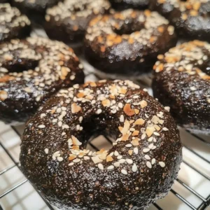 Freshly baked black Russian bagels on a wire rack, topped with sesame seeds.