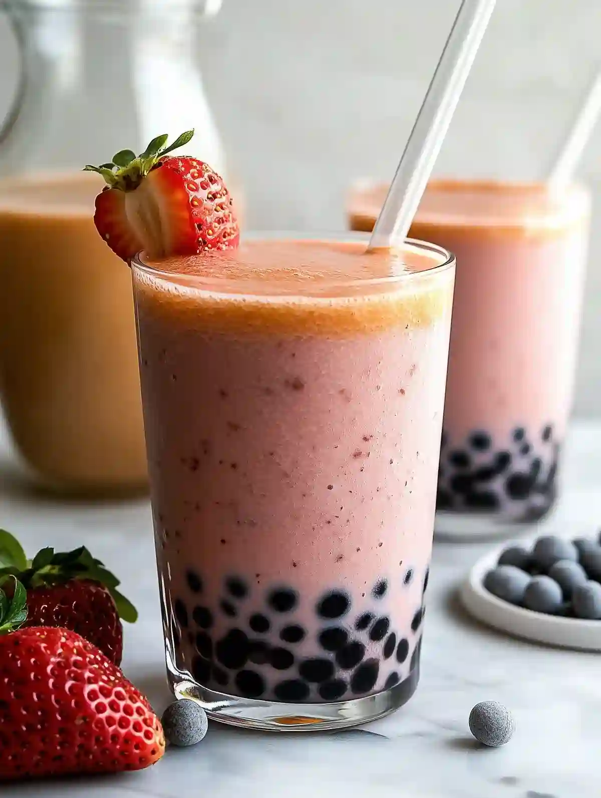 Layered pink and orange boba smoothie in a glass with strawberry garnish