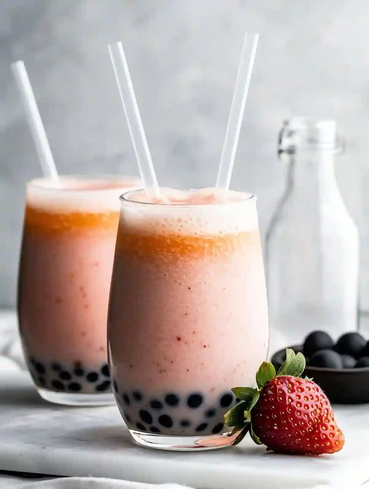 Two layered pink and orange boba smoothies with tapioca pearls and strawberries