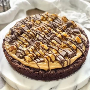 12-inch circular dessert with brownie crust and peanut butter topping.