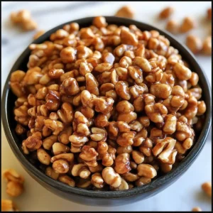 Dark ceramic bowl filled with glossy butter toffee peanuts on marble surface