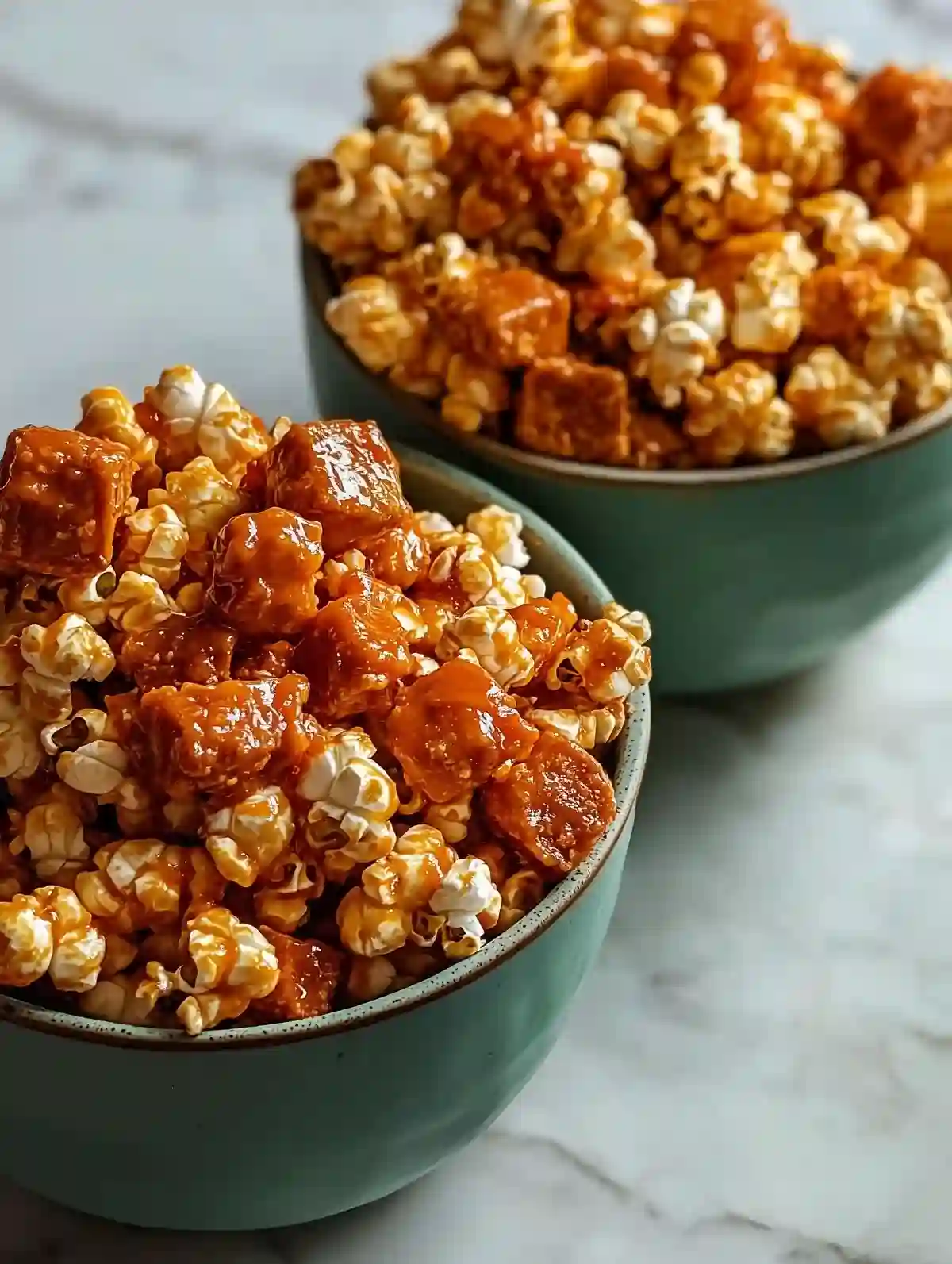Two green bowls filled with caramel cheese popcorn on a marble surface.