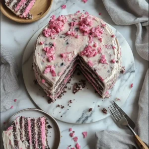 Multi-layered pink cake with cherry blossom decorations and a slice removed