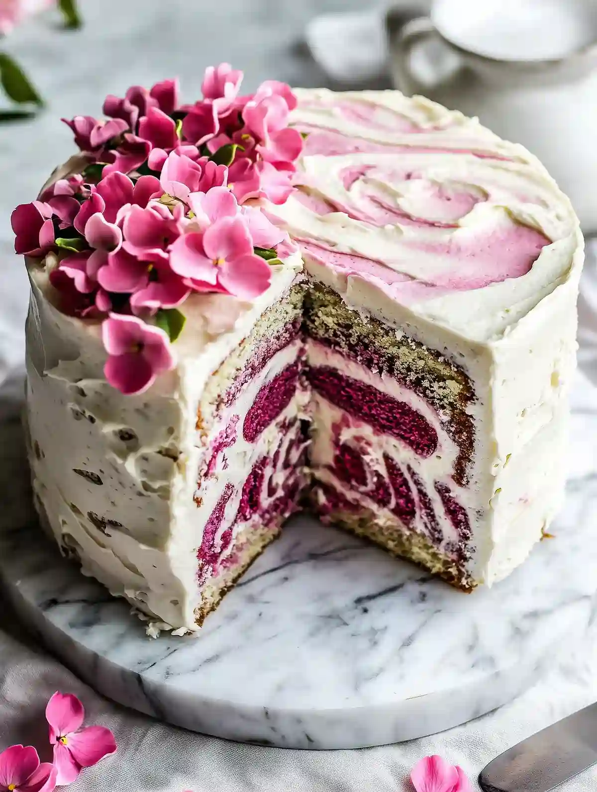 Two-layer cherry blossom cake with pink petals on marble surface