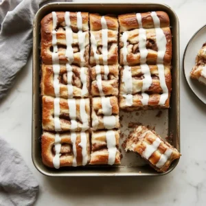 Rectangular pan with cinnamon swirl focaccia, glazed and partially eaten