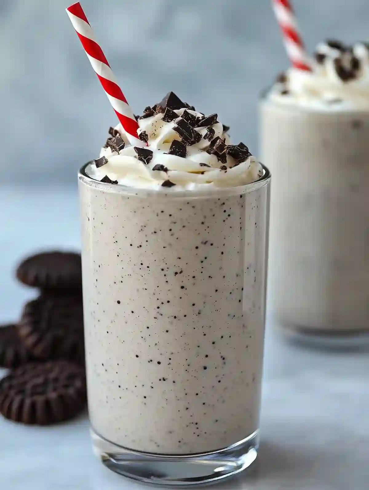 Glass of cookies and cream smoothie with whipped cream, crushed cookies, and a striped straw