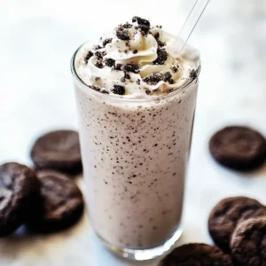 Cookies and cream smoothie in a glass with whipped cream, crushed cookies, and a straw