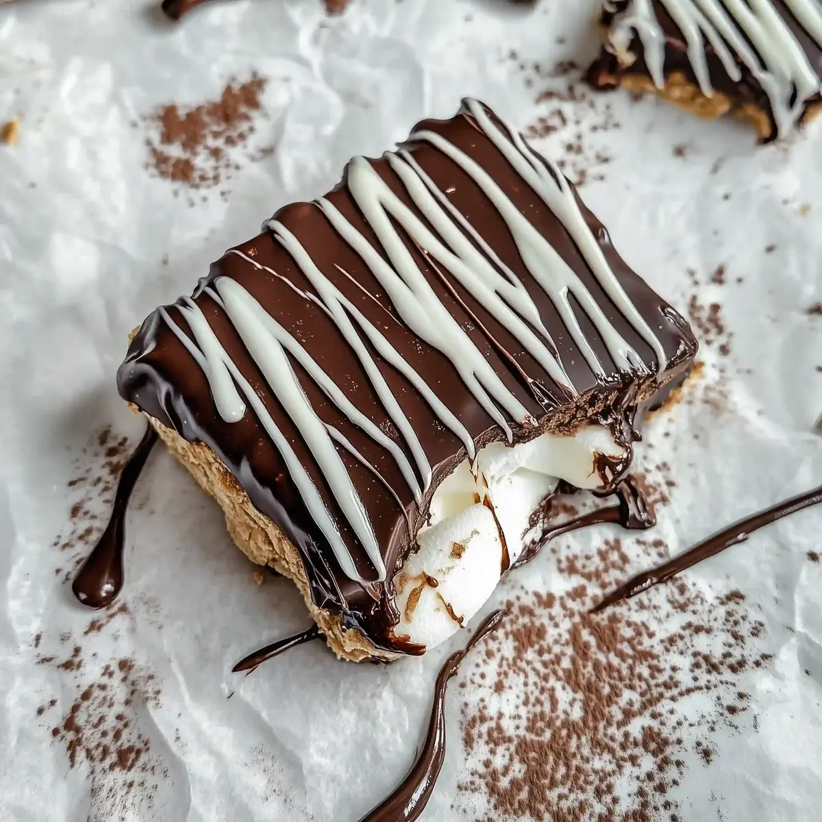 Chocolate-covered dessert with white drizzle, revealing marshmallow filling.