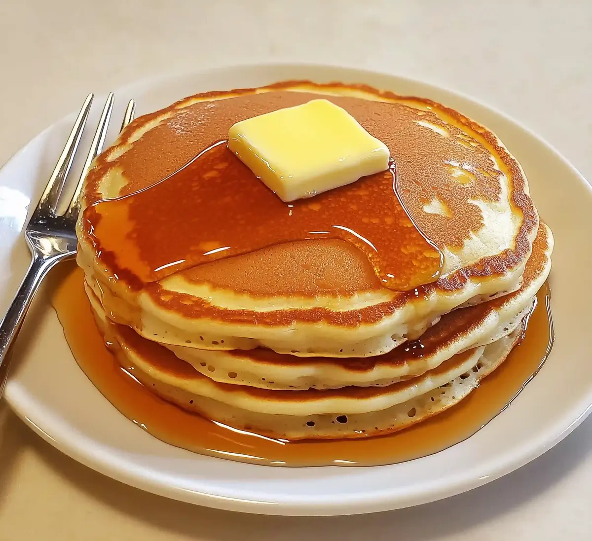 Stack of three golden-brown pancakes with melting butter and syrup