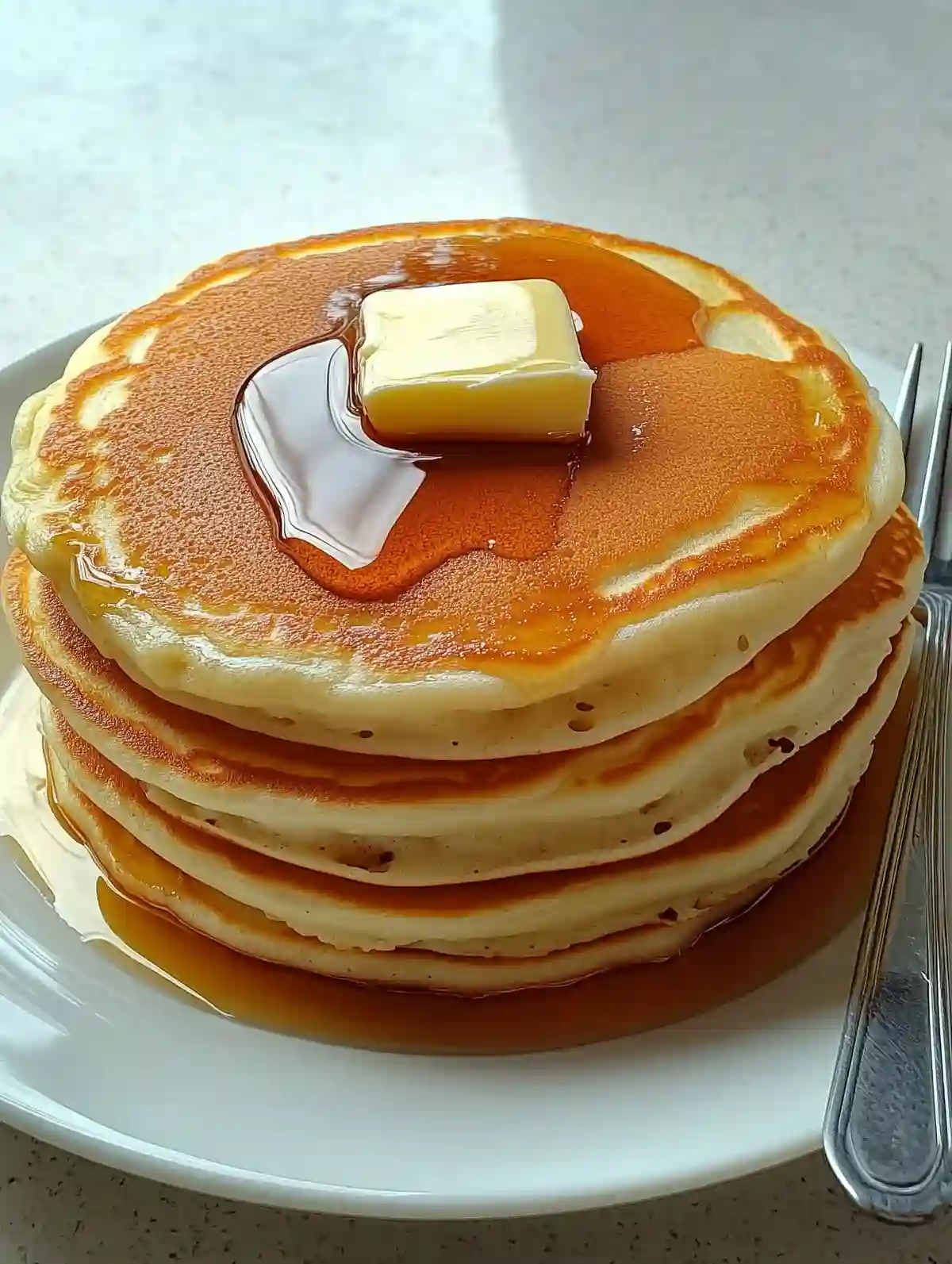 Stack of three golden-brown pancakes with melting butter and syrup on a white plate