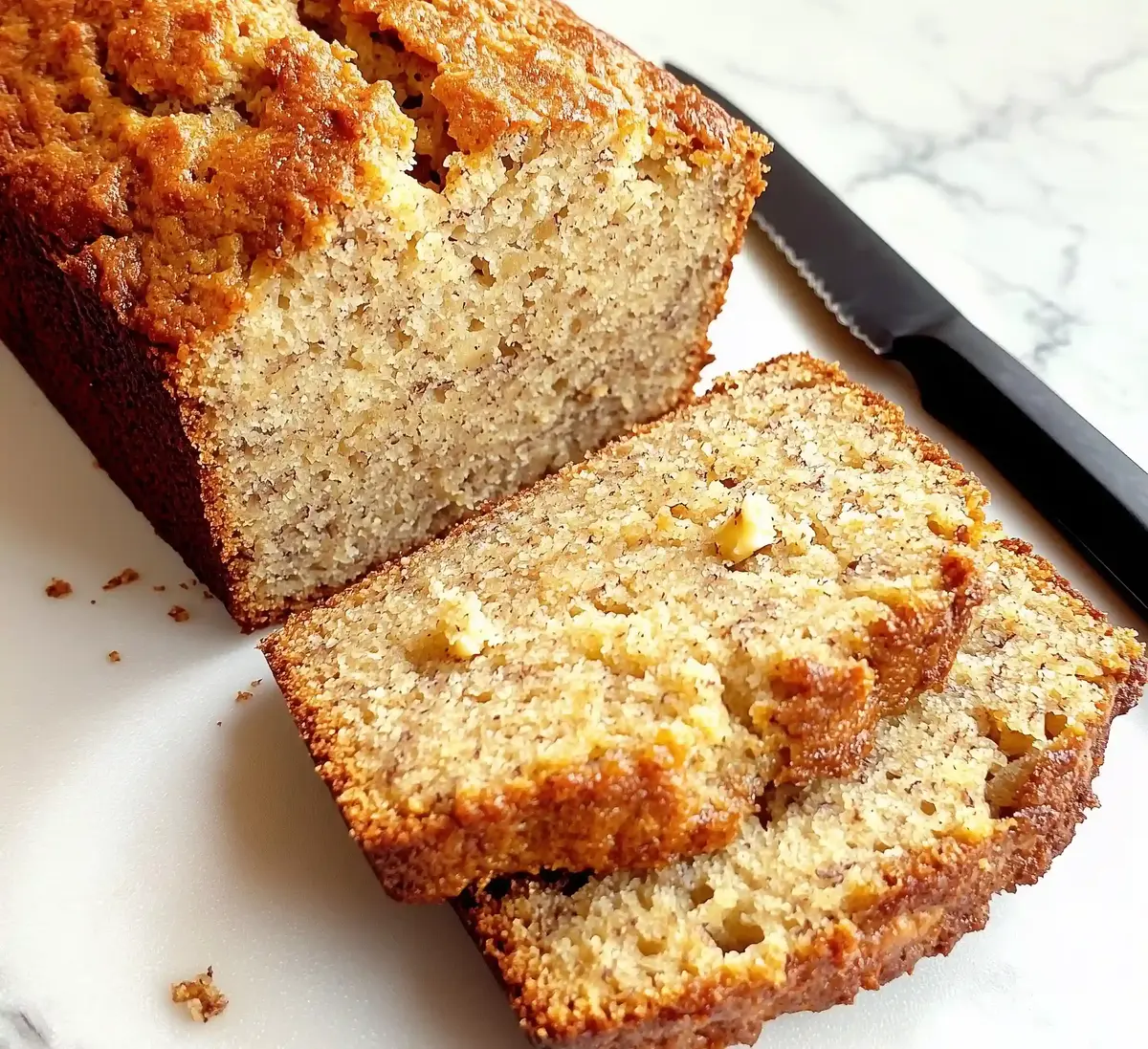 Sliced banana bread on marble surface with a black knife beside it.