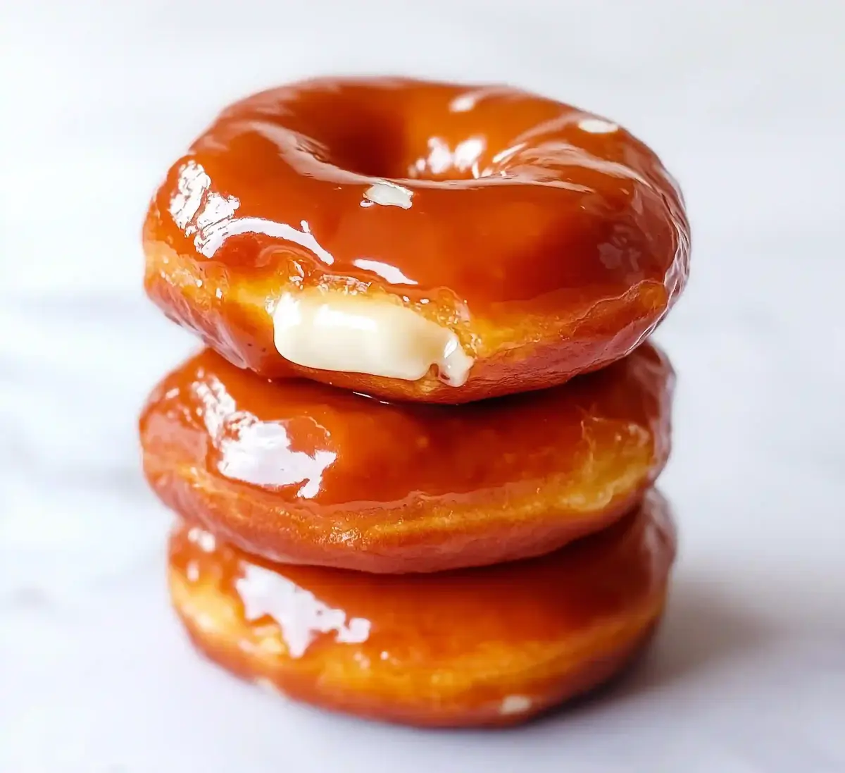 Three glazed donuts stacked on white marble surface, filling visible on sides.