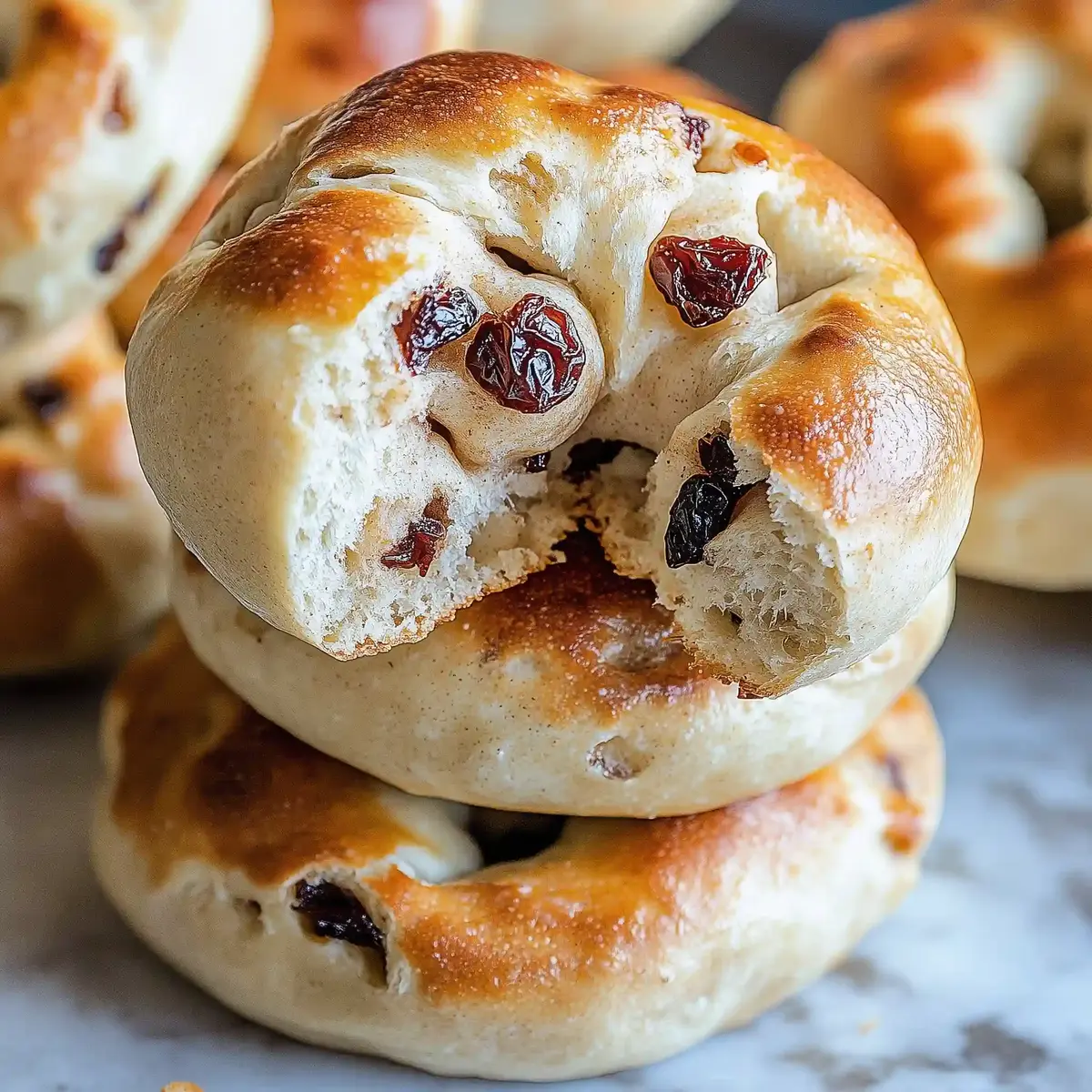Stack of golden-brown cinnamon raisin bagels on a marble surface.
