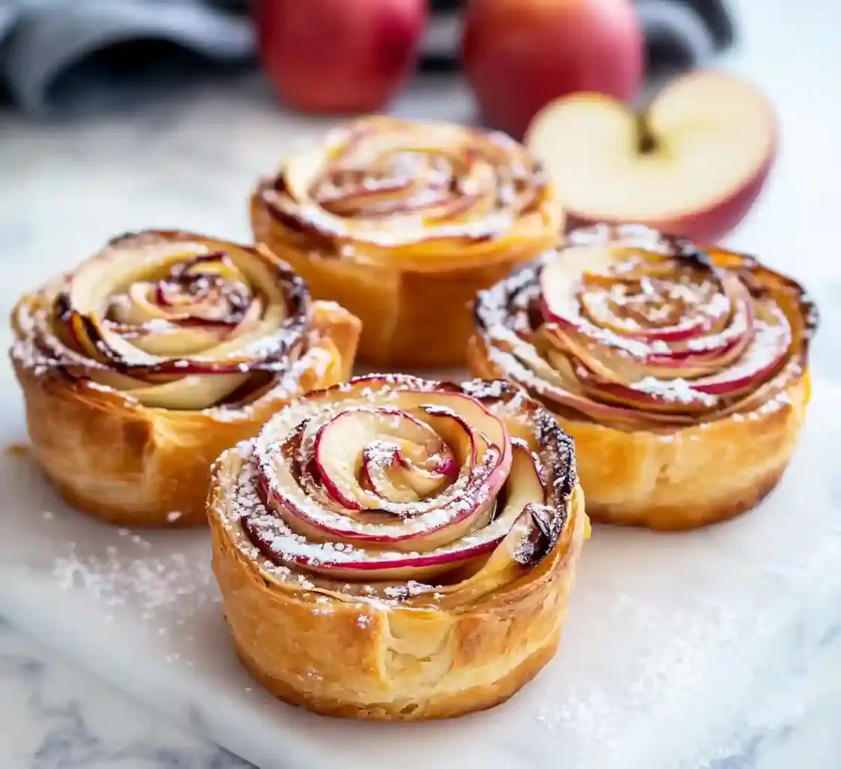 Five apple rosettes with sliced apples on a marble surface, dusted with powdered sugar