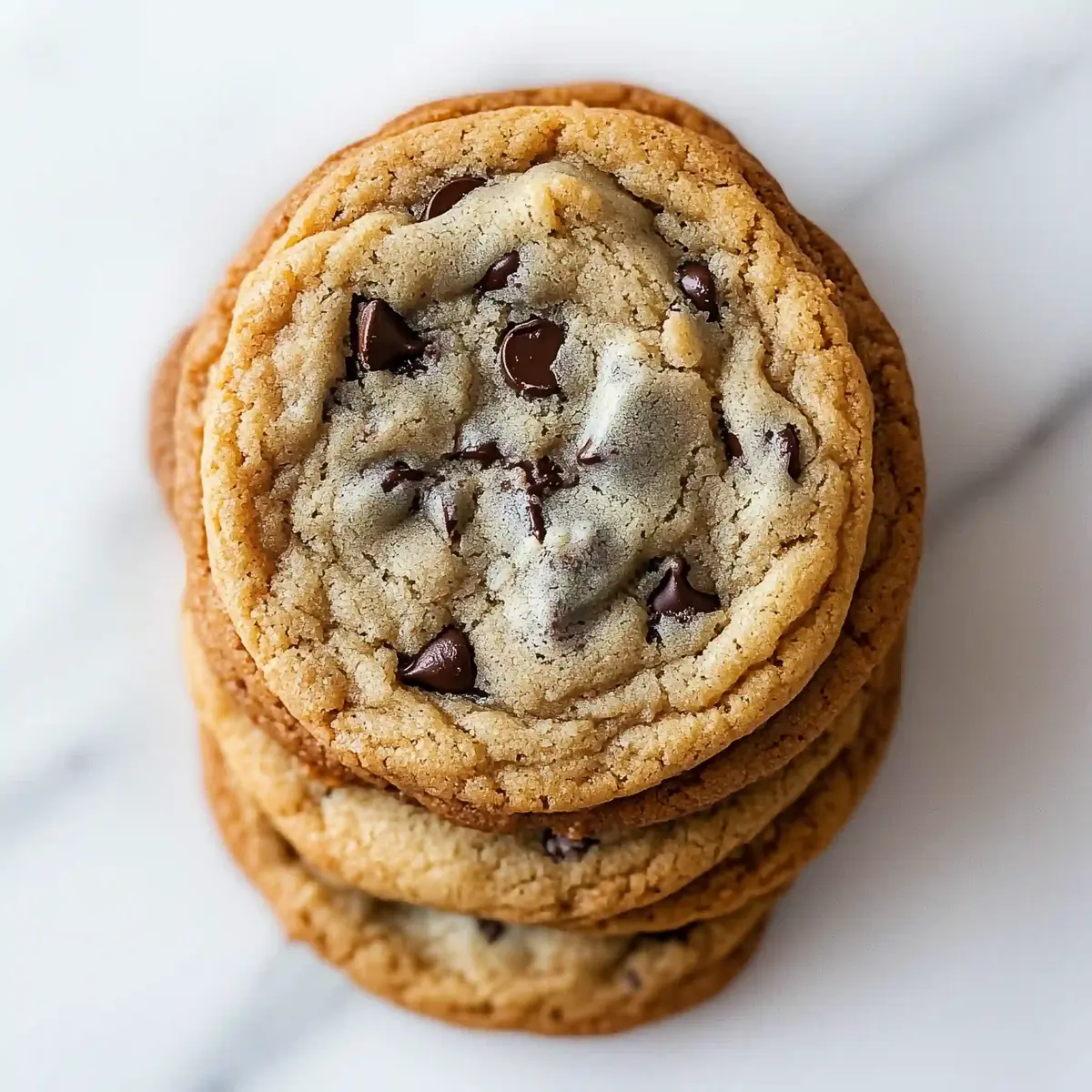 Four golden-brown chocolate chip cookies stacked on a marble surface.
