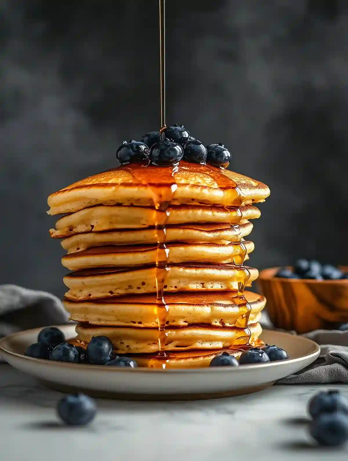 Stack of pancakes with syrup, blueberries, and a bowl of berries on marble