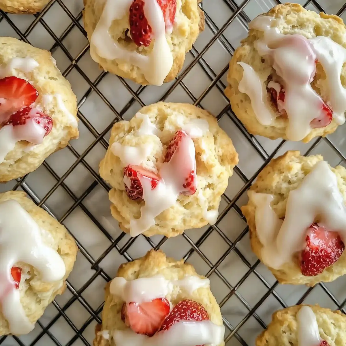 Golden strawberry biscuits cooling on a wire rack, drizzled with icing.