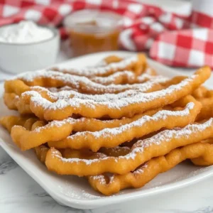 Crispy funnel cake fries with powdered sugar and cinnamon on a white plate