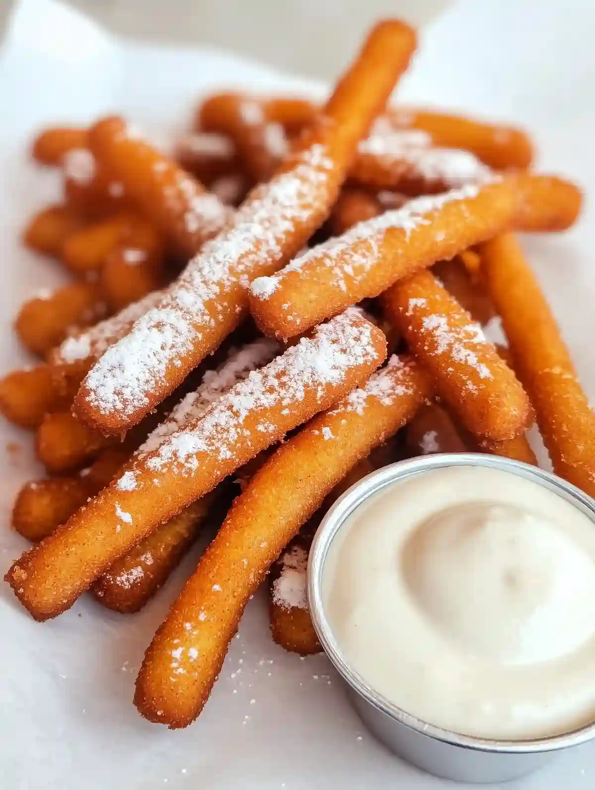 Golden funnel cake fries with powdered sugar and white dipping sauce