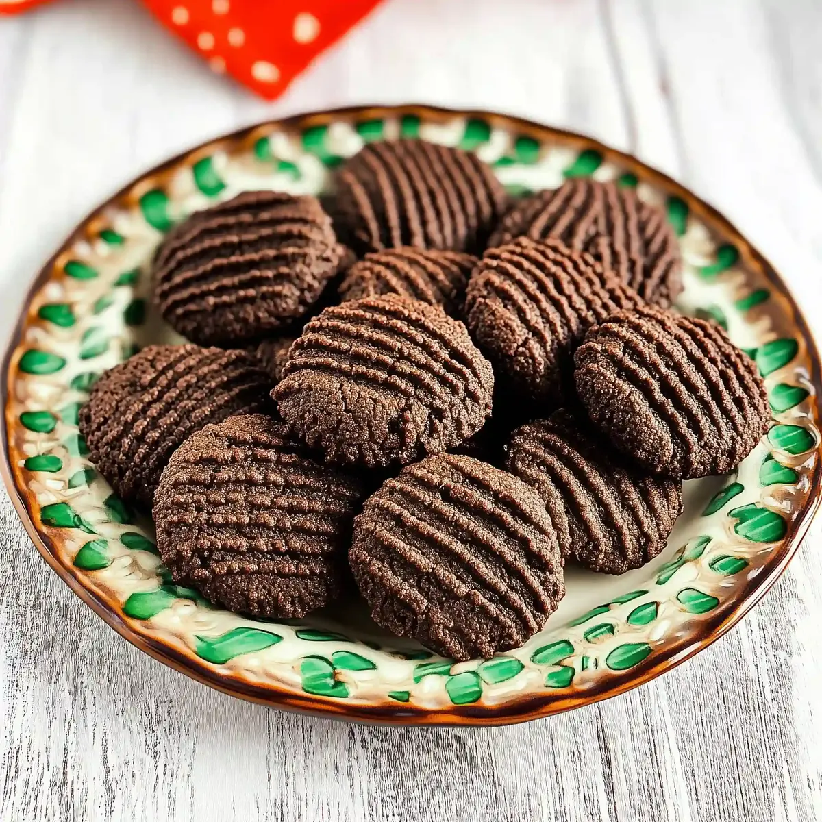 Chocolate shortbread cookies arranged on a festive plate on marble surface.