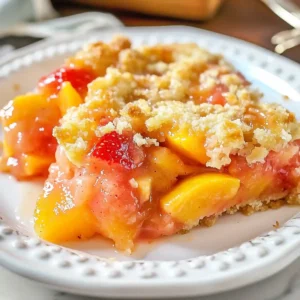 Warm strawberry peach cobbler with crumble and almonds on a white plate