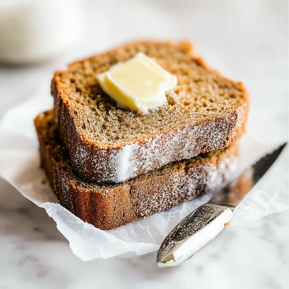 Two slices of cinnamon bread with melting butter, on parchment paper.