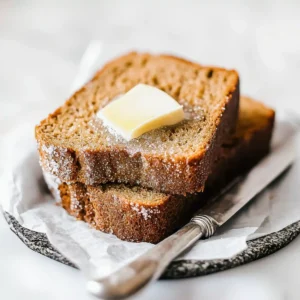 Two slices of cinnamon bread with melting butter, on parchment paper.