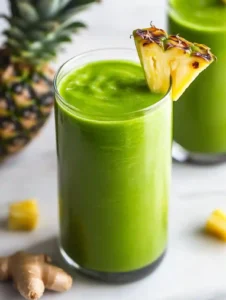 Tall glass of green smoothie with pineapple garnish on marble surface