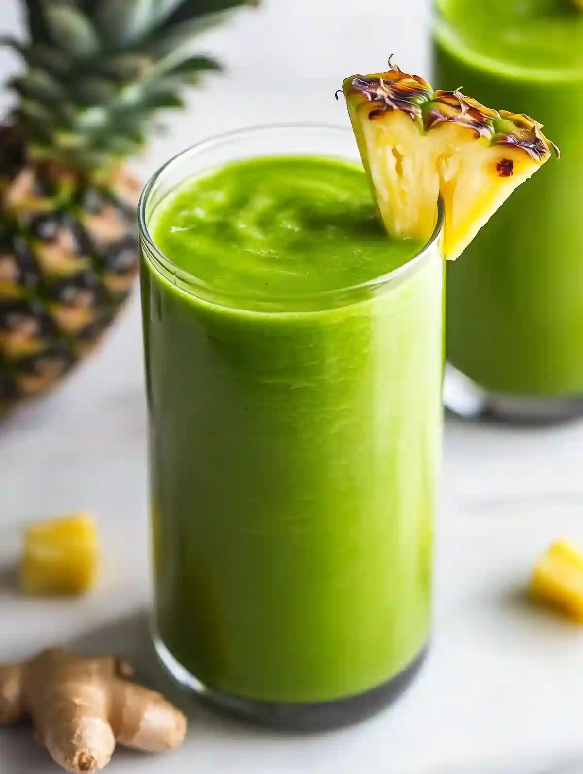 Tall glass of green smoothie with pineapple garnish on marble surface