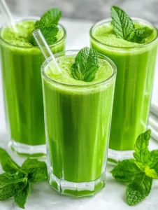 Three tall glasses of green smoothies with mint leaves on marble surface