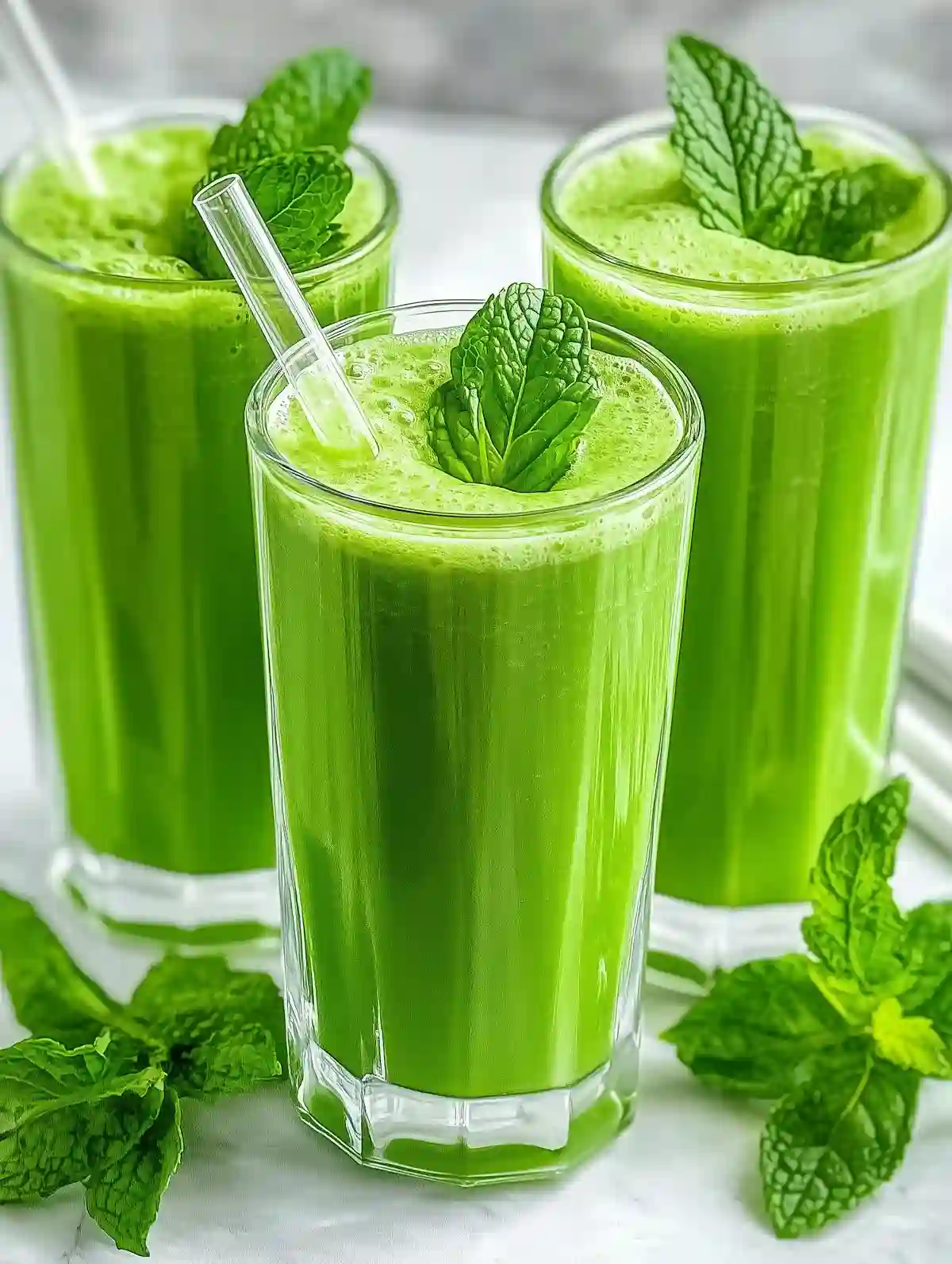 Three tall glasses of green smoothies with mint leaves on marble surface