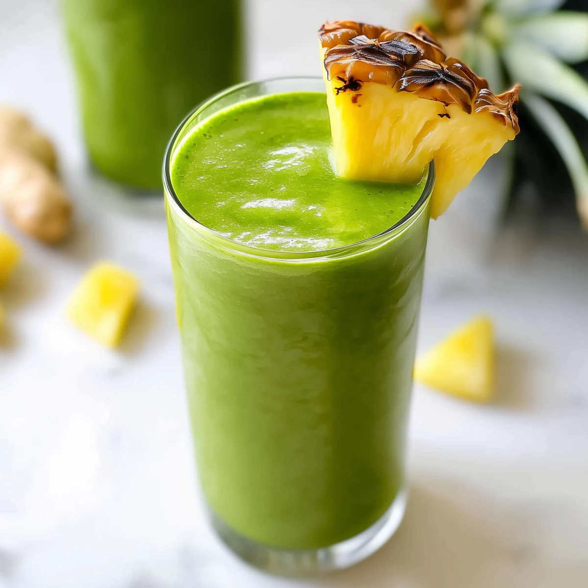 Tall glass of green smoothie with pineapple garnish on marble surface