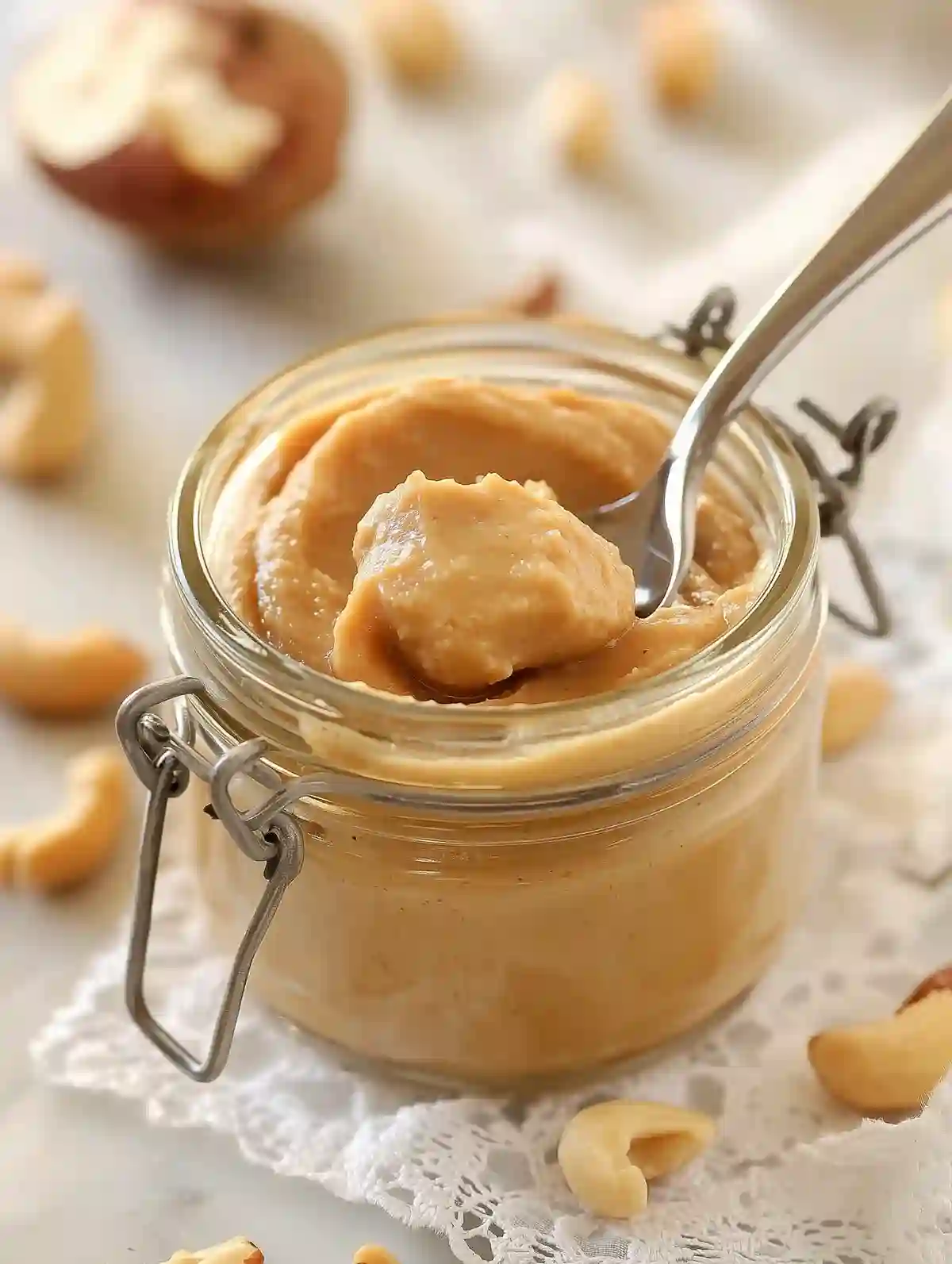 Glass jar of macadamia spread with nuts on marble, spoon, and lace cloth.