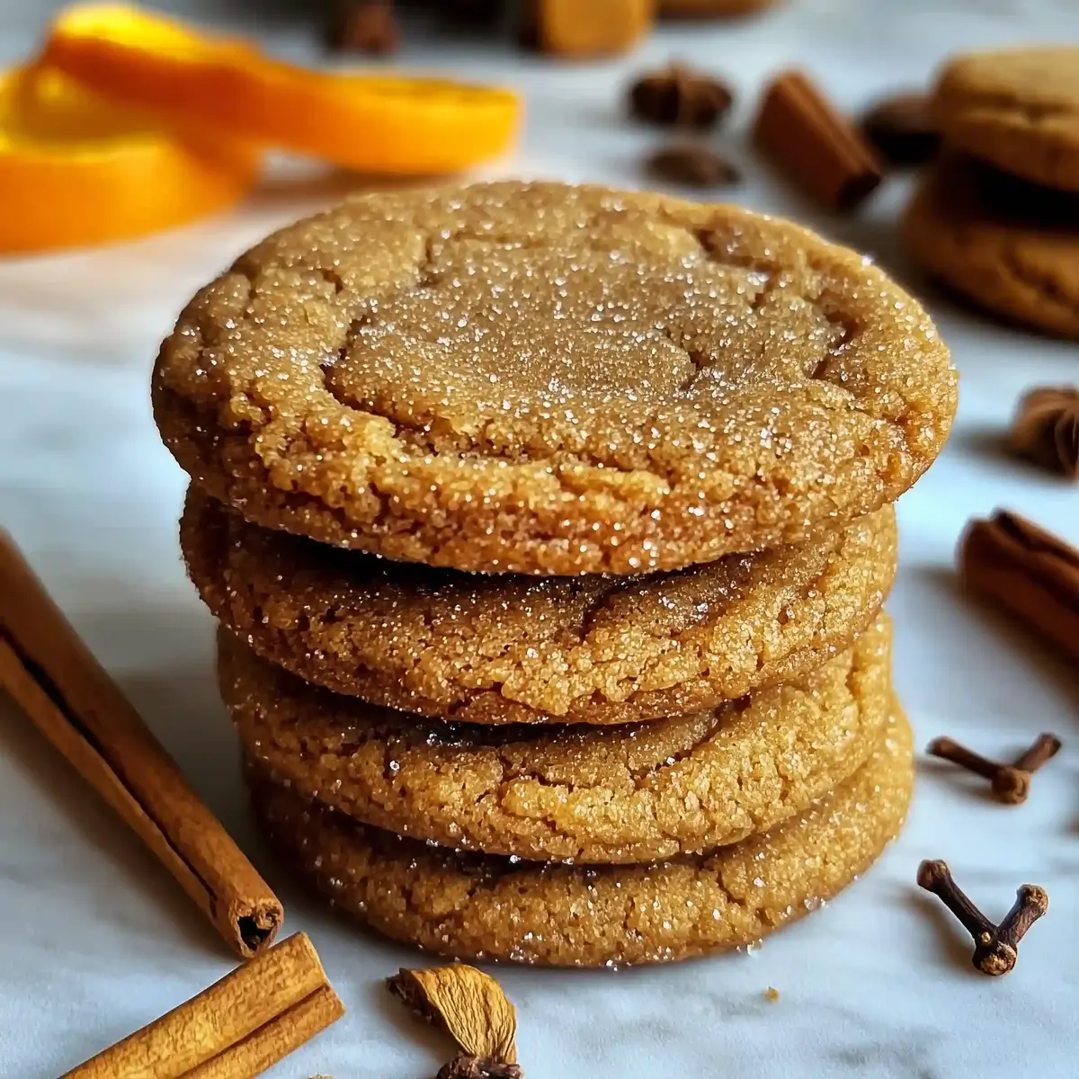 Stack of three golden-brown cookies with cinnamon, nutmeg, and orange peel.