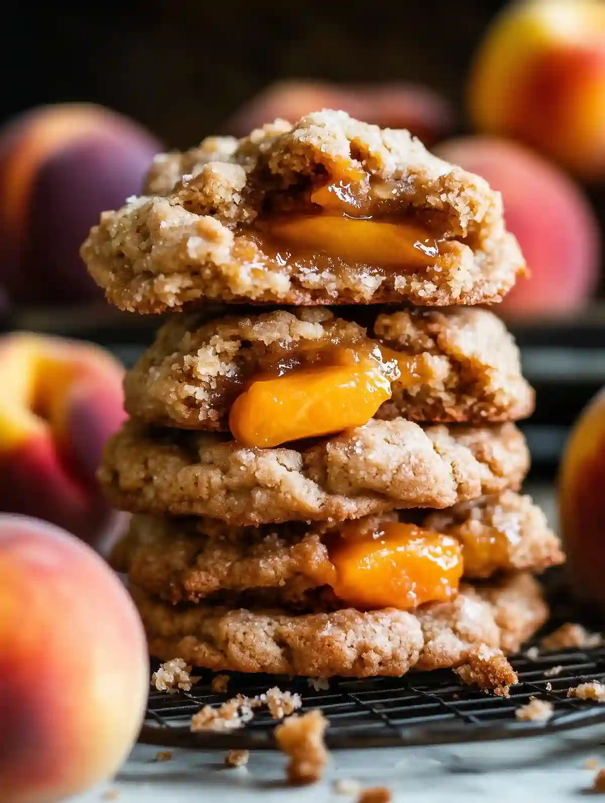 Stack of peach-filled cookies with crumbly topping, surrounded by fresh peaches.