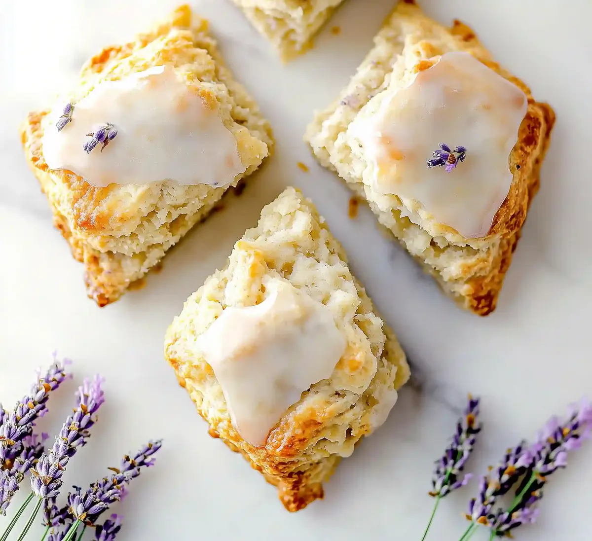Triangular lemon lavender scones with glaze and lavender sprigs on marble
