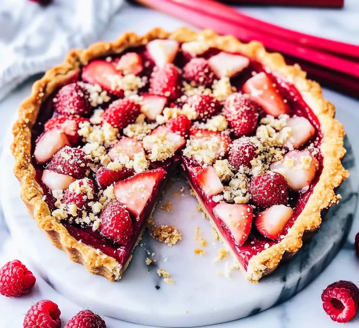 Rhubarb and strawberry tart with almond crust, streusel topping, and berries