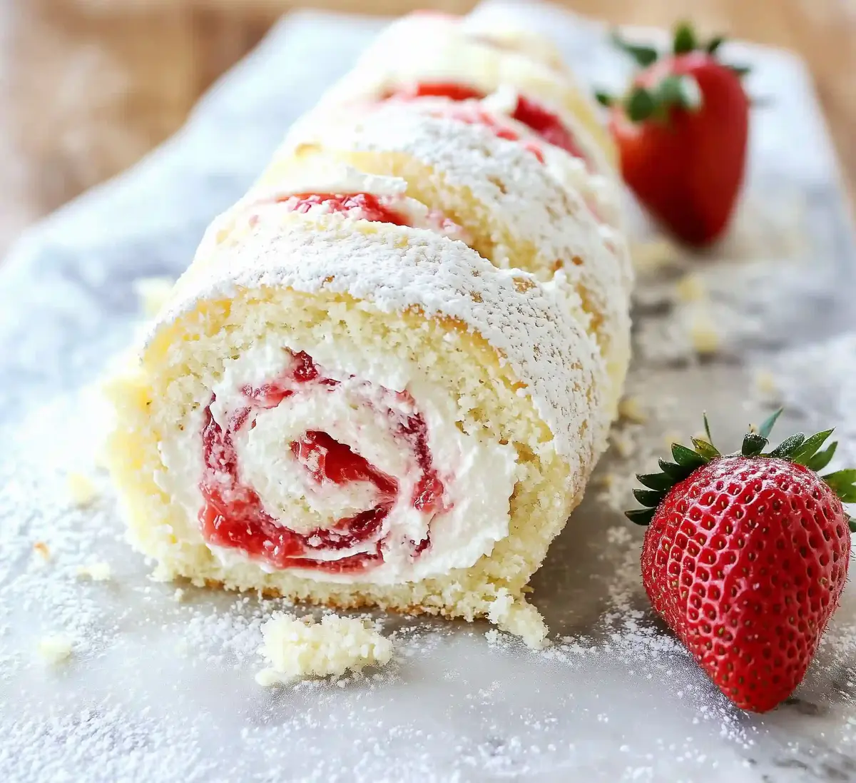 Sliced strawberry shortcake roll on marble surface with fresh strawberry.