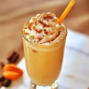 Pumpkin frappuccino in a tall glass with whipped cream and cinnamon, on marble.