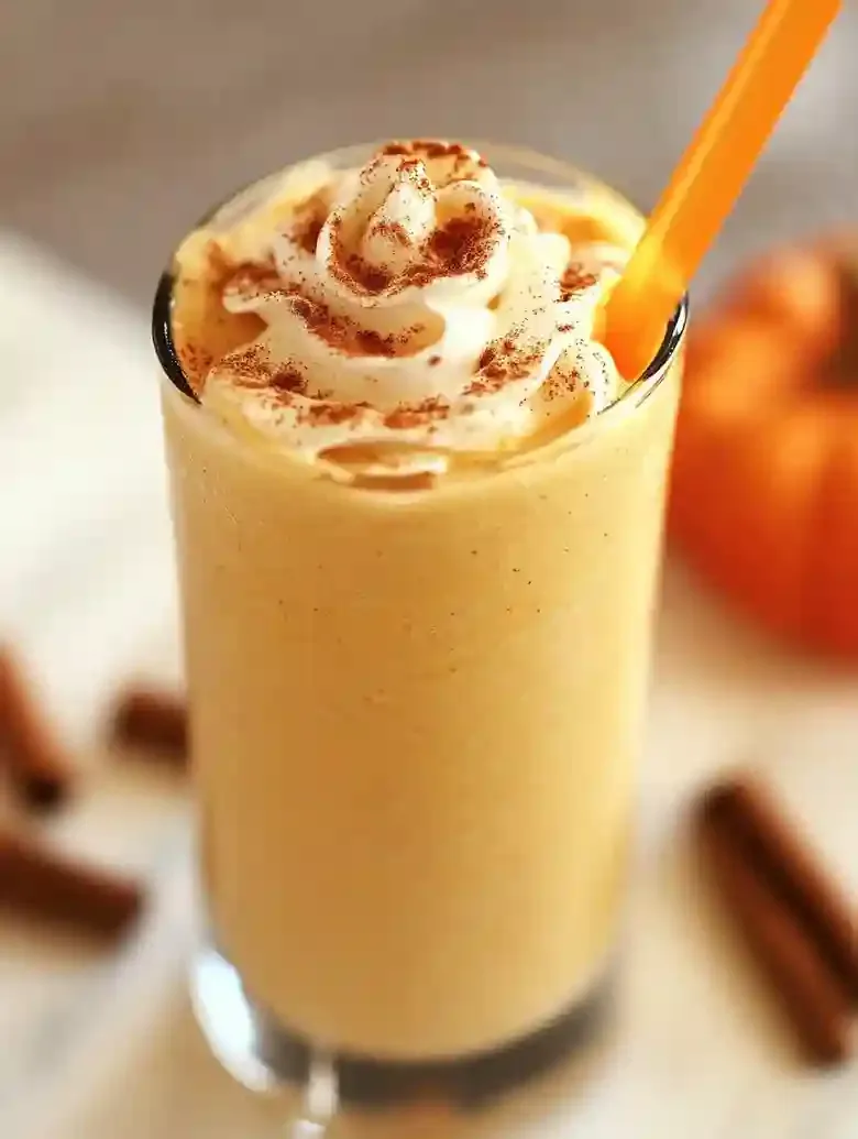Blended pumpkin beverage topped with whipped cream and cinnamon on marble.