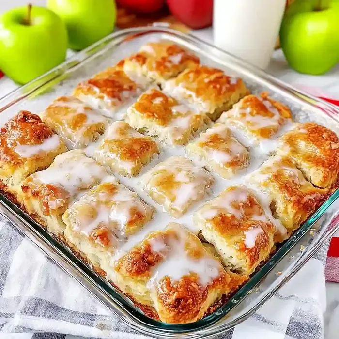 Baked apple pie biscuits in a glass dish on marble, with milk and apples.