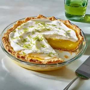 Round pie dish with a slice cut from a lemon pie topped with whipped cream.
