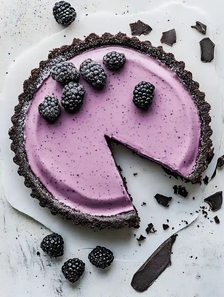 Purple-filled dessert on marble surface, topped with berries and crust wedge.