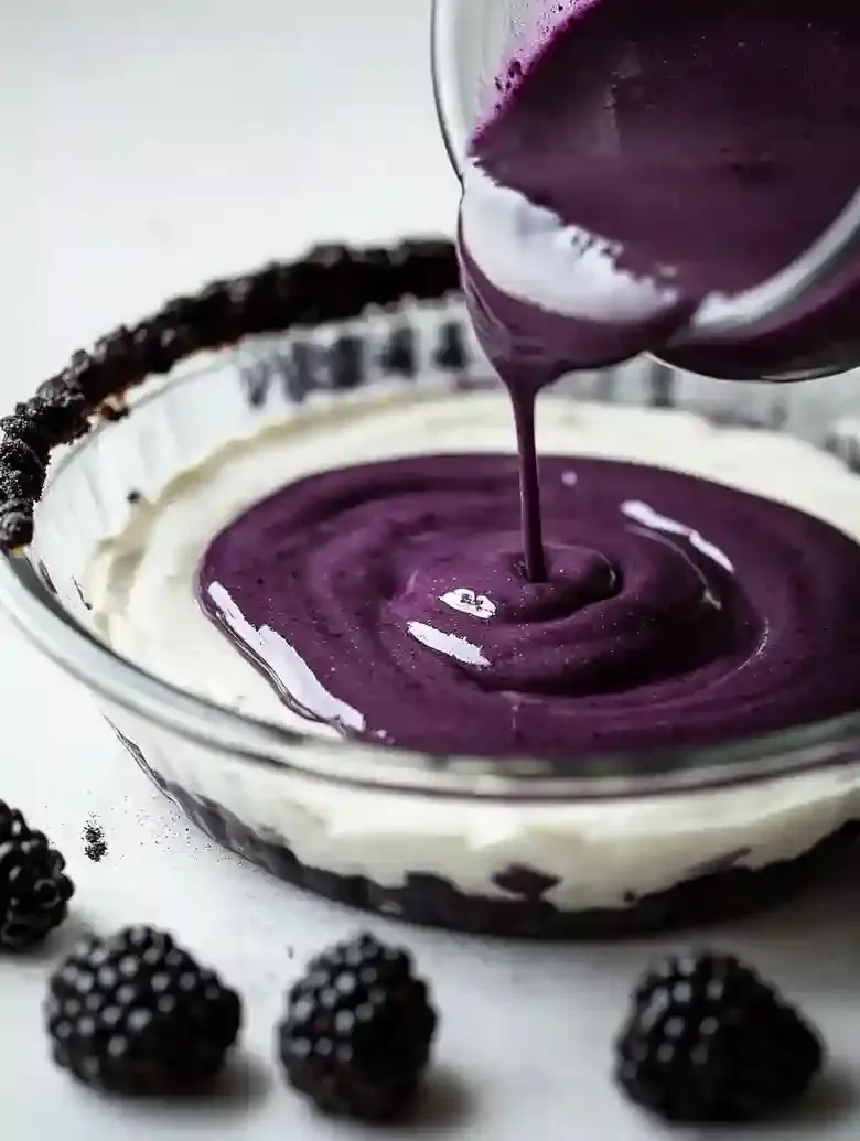 White mixture in glass bowl swirled with purple sauce, blackberries nearby.