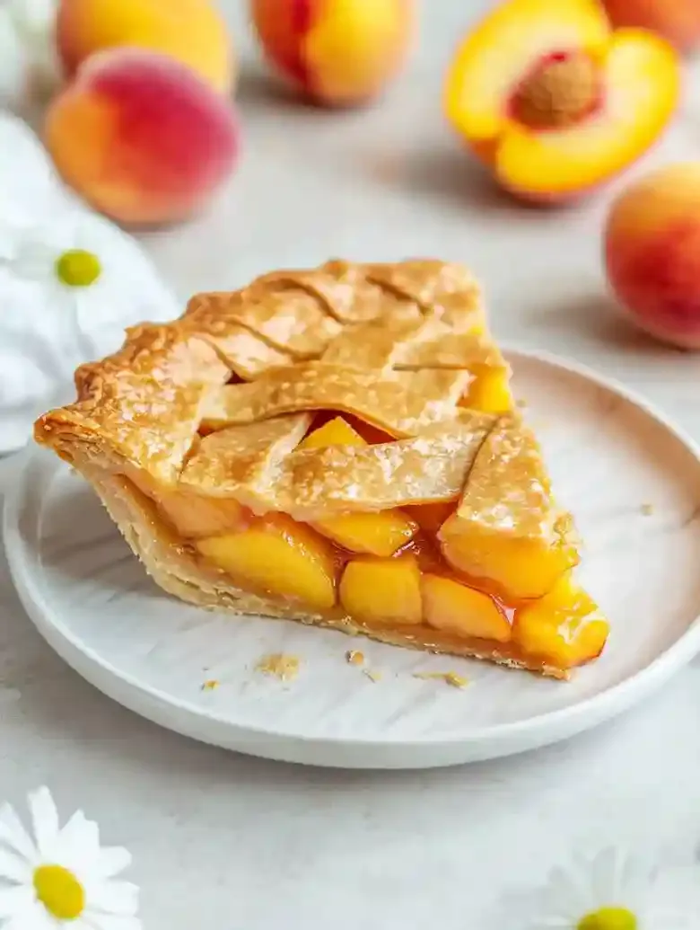 Peach pie slice on marble surface with fresh peaches and white flowers.