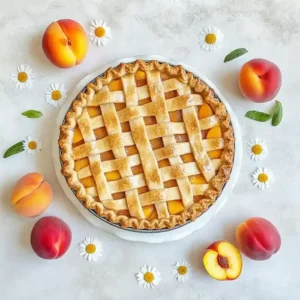 Peach pie with lattice crust on marble surface, surrounded by peach slices.