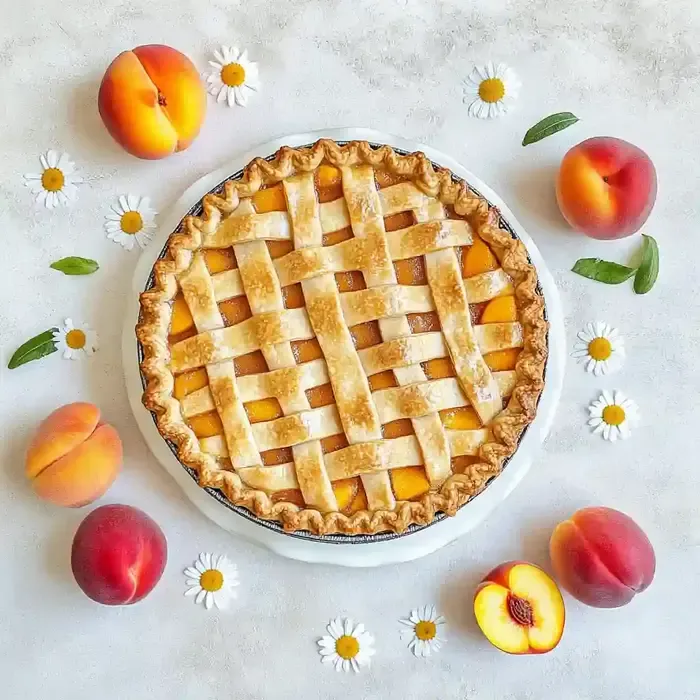 Peach pie with lattice crust on marble surface, surrounded by peach slices.